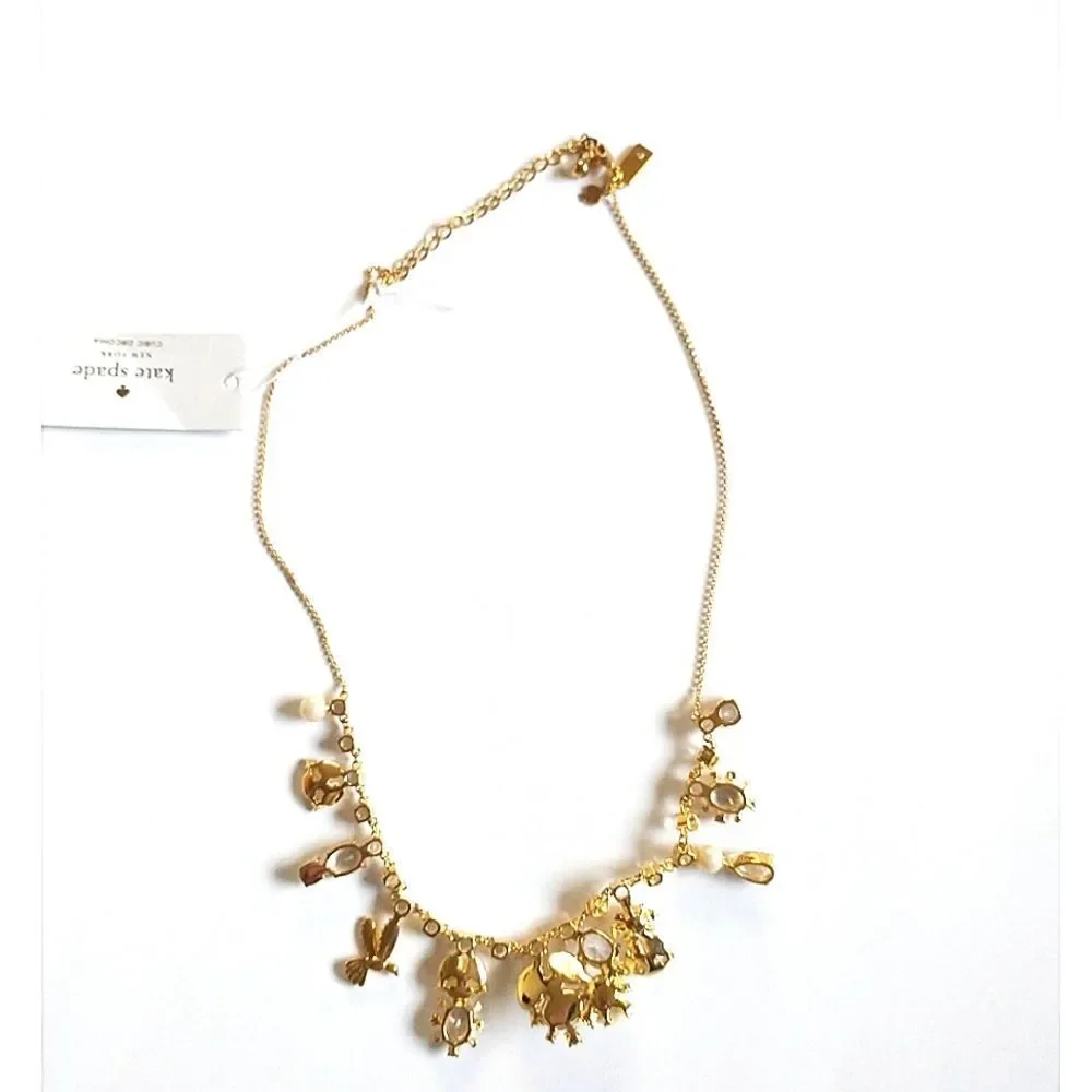 New! KATE SPADE Disco Pansy Flower Bird Crystal Gold-tone Necklace 16